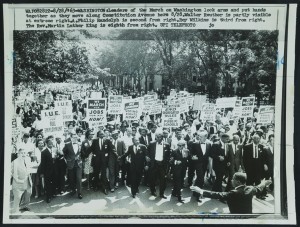 Leaders of the March on Washington lock arms as they walk down Constitution Avenue, Aug. 28, 1963, with Martin Luther King Jr., far left, and Roy Wilkins, second from right. New York World-Telegram and the Sun Newspaper Photograph Collection, Prints and Photographs Division.