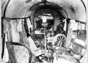 Inside the covered wagon