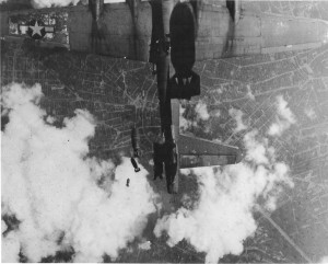 B-17G Fortress “Miss Donna Mae II” drifted under another bomber on a bomb run over Berlin, 19 May 1944. (US National Archives)