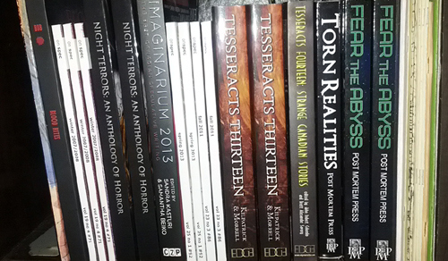 My book shelf with some of the magazines and anthologies I've been published in.
