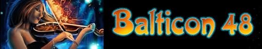 Woman playing fiddle made of fire and ice, Balticon 48 title banner.