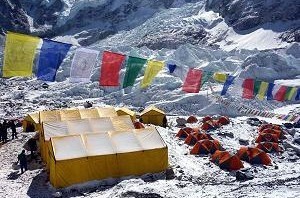 Junkies dining and sleeping tents, with the Khumbu Icefall behind
