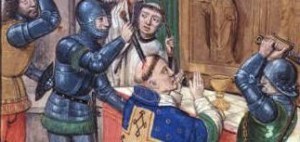 A medieval depiction of the martyrdom of St. Thomas a Becket in Canterbury--blood, and blasphemy.