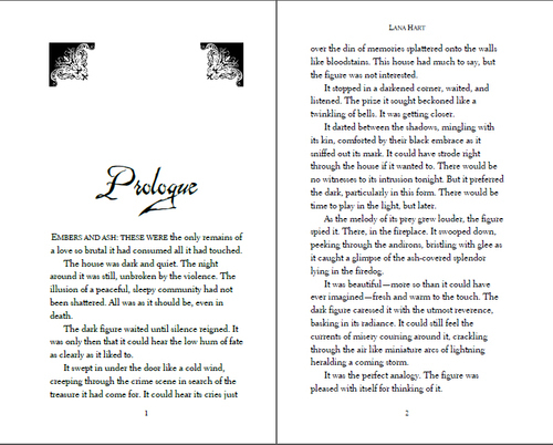 Here you can see the custom chapter header graphics, as well as my headers and footers. Do you know how long it took me to get them to display consistently across all pages? Trust me, you don't want to.