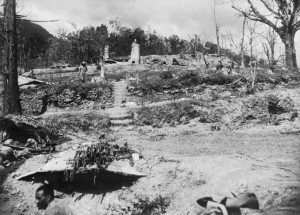 Destroyed commissioner's bungalow and tennis court, Kohima, India, Mar-Jul 1944 (Imperial War Museum)