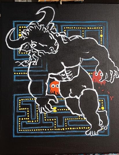 MINOTAUR IN PAC MAN LABYRINTH, 16 x 20 acrylic & oil pastel on black canvas by Jesse Sublett, Austin Author and Artist at large, $400.