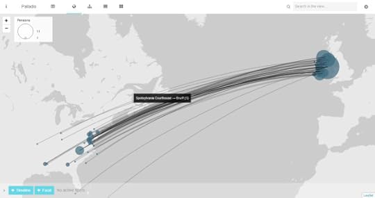 The long arm of war. This visualisation links the death locations of servicemen with the localities where pensions were received in Ireland as a result. This visualisation shows the global impact of the American Civil War. It is also striking how Ireland 'disappears' under a sea of dots. Only 219 pensions were being claimed in Ireland in 1883, indicating that few people came back. When one considers that well in excess of 150,000 Irishmen served in the war, the true figures of tens of thousands of Irishmen from up and down the island who lost their lives is difficult to comprehend. Each line carries behind the information relating to specific soldiers- that highlighted is the link between the death of a young man at Spotsylvania Courthouse 150 years ago and its link with the pension his mother received as a result in Bruff, Co. Limerick (Damian Shiels/Palladio)