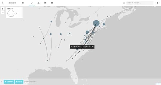 The March to War. The state for which the veteran served linked to the location in North America where they died. The highlighted link is a man who served in a New York regiment, who died as a POW in Camp Lawton, Georgia. This event later resulted in the award of a pension in Ireland (Damian Shiels/Palladio)