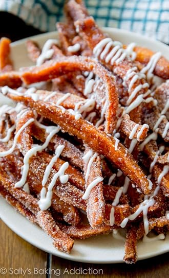Crispy baked sweet potato fries coated in cinnamon sugar and served with a sweet vanilla icing. I call these fries a potassium-rich dessert!