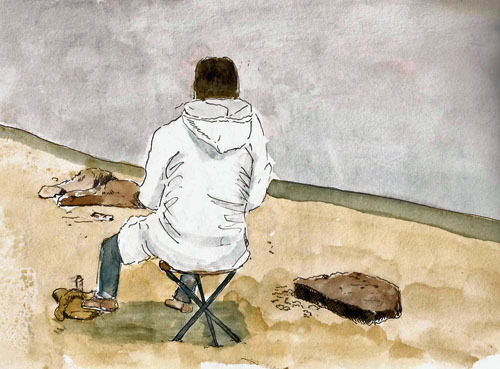 Louise, our host. She was sitting next to a storm wall, drawing trees that rose above it. (Stillman & BIrn Alpha 9x6, Uniball UM-151, .38 pen