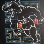 MINOTAUR IN PAC MAN LABYRINTH, 16 x 20 acrylic & oil pastel on black canvas by Jesse Sublett, Austin Author and Artist at large, $400.