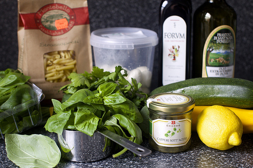 pasta, buffalo mozzarella, vinegar, oil, zucchini, lemon, capers, parsley, basil