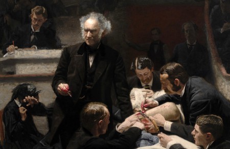 The Gross Clinic, Thomas Eakins (1875). The woman on the left may be recoiling in anticipation of the behind-the-back knife tossing for which Dr. Gross was known.
