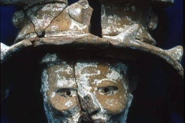 This incense burner, showing the head of Itzamna, a deity who was the shaman of the Mayan gods, was discovered at a Mayan council house in Petén, Guatamela.