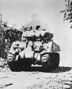 Tank of Company A of the 746th Tank Battalion supported the 325th Glider Infantry entering St. Sauveur-Le Vicomte, France, 16 June 1944 (US Army Center of Military History)