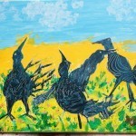 Grackle World, 20 x 16 acrylic on canvas, by Jesse Sublett $475, surrealist blues singer, noir author, true crime author, artist at large, from Jesse Sublett's Little Black Book