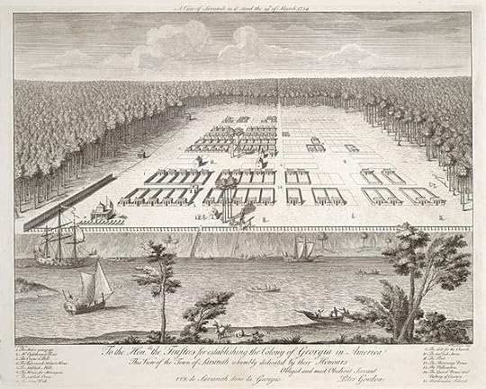 A view of Savannah as it stood the 29th of March 1734. By Pierre Fourdrinier and James Oglethorpe. Public domain via Wikimedia Commons.