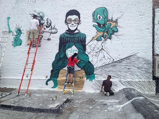 Cern, Alice Mizrachi and LNY working on the wall produced for the cover of OG (with gilf! upper left and Bishop203 upper right)