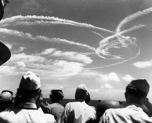 Battle of the Philippine Sea, 19 Jun 1944, photographed from light cruiser USS Birmingham. (US National Archives)