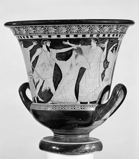 Aigisthos holds Agamemnon, covered by a diaphanous robe, by the hair while he stabs him with a sword. Apparently this illustration is inspired by the tradition followed in Aeschylus’ Agamemnon, where the king is caught in a web before being killed. Klytaimnestra stands behind Aigisthos, urging him on, while Agamemnon’s daughter attempts to stop the murder (she is called Elektra in Aeschylus’ play). A handmaid flees to the far right. Athenian red-figure wine-mixing bowl, c. 500–450 BC. W. F. Warden Fund © Boston, Museum of Fine Arts 63.1246.