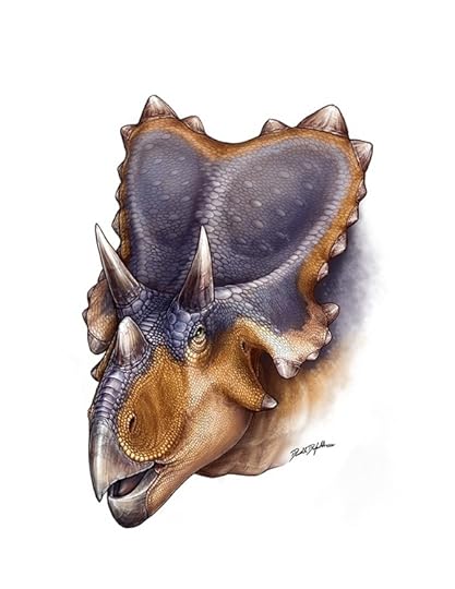 This artist reconstruction reveals the horned dinosaur <em>Mercuriceratops Gemini</em>, a new species of horned dinosaur that sported winglike ornamentation on the sides of its skull.