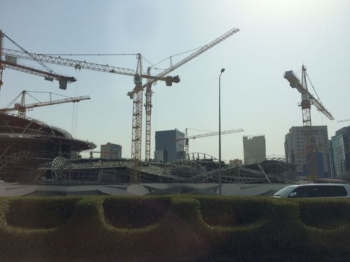 Fancy shrubbery and construction cranes in Doha, Qatar