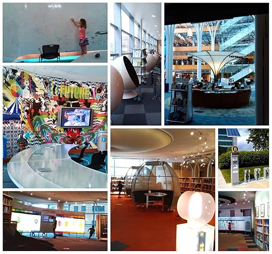 Study Pods, Think Tank, Kid's Activity Wall for Preschoolers, Pacer's Rent a Bike Program, and See-a-story spinning seats at The Learning Curve, Downtown Indianapolis, Indiana in the Central Library.