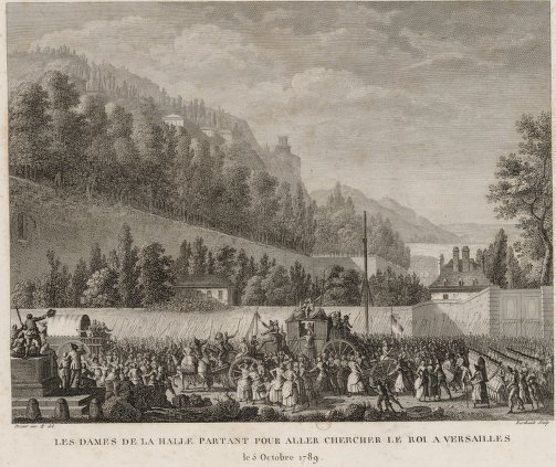Les Dames de la Halle partant pour aller chercher le roi à Versailles : le 5 octobre 1789 : [estampe] / Prieur inv. & del. ; Berthault sculp. ; [eau-forte par Duplessi-Bertaux]