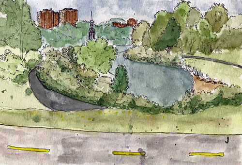 Looking down from the bike path into Parc Brebeuf