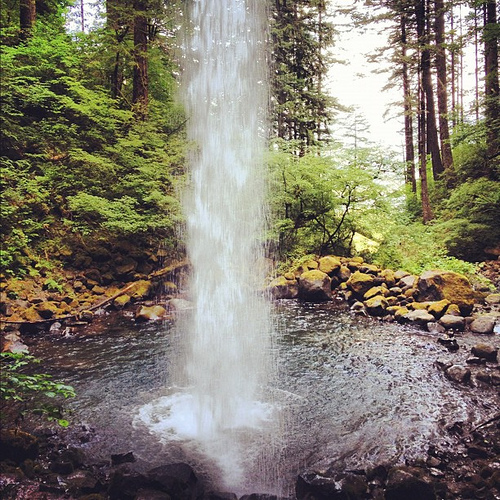 From behind a gorgeous waterfall in the mighty Columbia gorge.