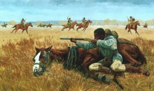 Britt Johnson's last stand against the Kiowa. Painting by Lee Herring.
