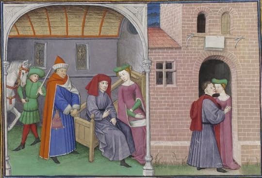 « Le livre appellé Decameron, autrement le prince Galeot surnommé, qui contient cent nouvelles racomptées en dix jours par sept femmes et trois jouvenceaulx, lequel livre ja pieça compila et escripvi Jehan Boccace de Celtald en langaige florentin, et qui nagueres a esté translaté premierement en latin et secondement en françois, a Paris, a l'ostel de noble, sage et honneste homme Bureau de Dampmartin, citoien de Paris, escuier conseillier de trés puissant et trés noble prince Charles, VI e de son nom, roy de France, par moy Laurent de Premierfait, famillier dudit Bureau, lesqueles deux translations, par trois ans faites, furent accomplies le quinziesme jour de juing l'an mil quatre cens et XIIII »
