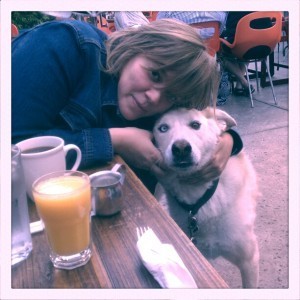 Poet Abby Chew with her dog, Alice.