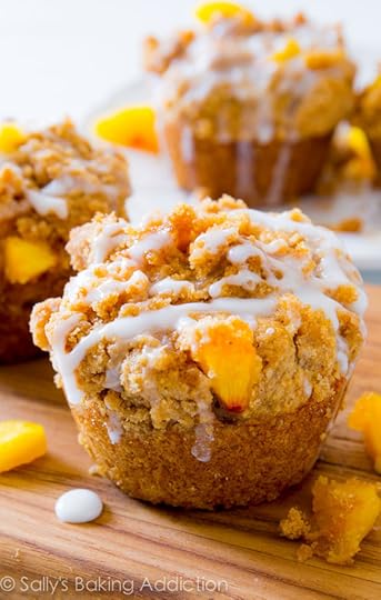 This is my favorite peach muffin recipe! Buttery and moist, these peachy muffins are heavy on the crumb topping and vanilla glaze.