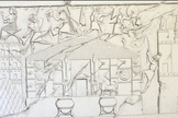 A 19th-century drawing of an ancient relief that depicts the sacking of the temple of Haldi by the Assyrians.