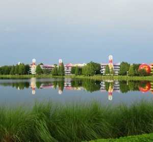 A tranquil night along Hourglass Lake between Pop Century and Art of Animation.