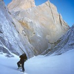 Donini approaching the north face of Aguja Poincenot, 1996