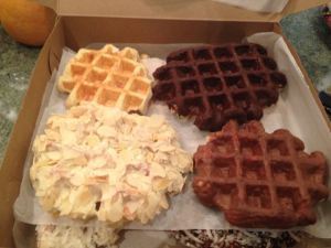 Rob brought breakfast: a variety of Belgian waffles (made with pearl sugar).