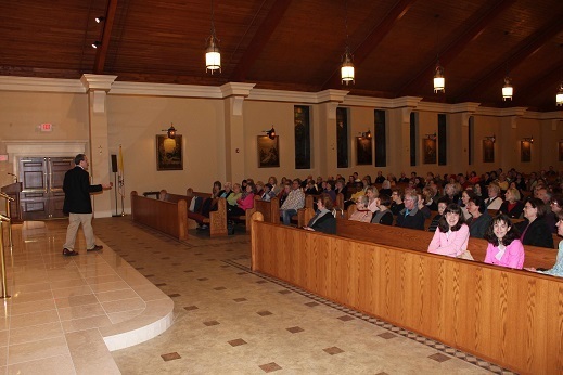 Catholic Speaker Gary Zimak instructing a parish audience on how to overcome anxiety