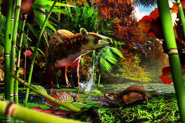 An artist's reconstruction shows a newfound tapiroid drinking in the shallows of an Eocene lake in British Columbia, with the small, newly identified, proto-hedgehog in the foreground.