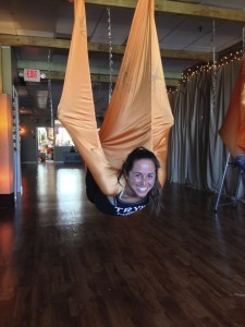 Flying in anti-gravity yoga in Long Beach, NY