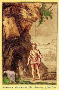Sawney Bean. Note the woman at the entrance of the cave holding a dismembered limb.