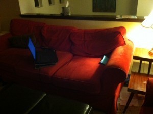 Jessi Gage's neat writing space. If you wanna check out what she creates from here, click on her nice red sofa and you'll go straight out to her Amazon page. 
