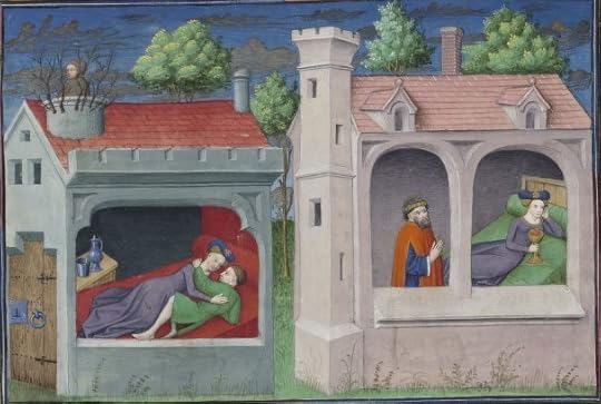 « Le livre appellé Decameron, autrement le prince Galeot surnommé, qui contient cent nouvelles racomptées en dix jours par sept femmes et trois jouvenceaulx, lequel livre ja pieça compila et escripvi Jehan Boccace de Celtald en langaige florentin, et qui nagueres a esté translaté premierement en latin et secondement en françois, a Paris, a l'ostel de noble, sage et honneste homme Bureau de Dampmartin, citoien de Paris, escuier conseillier de trés puissant et trés noble prince Charles, VI e de son nom, roy de France, par moy Laurent de Premierfait, famillier dudit Bureau, lesqueles deux translations, par trois ans faites, furent accomplies le quinziesme jour de juing l'an mil quatre cens et XIIII »