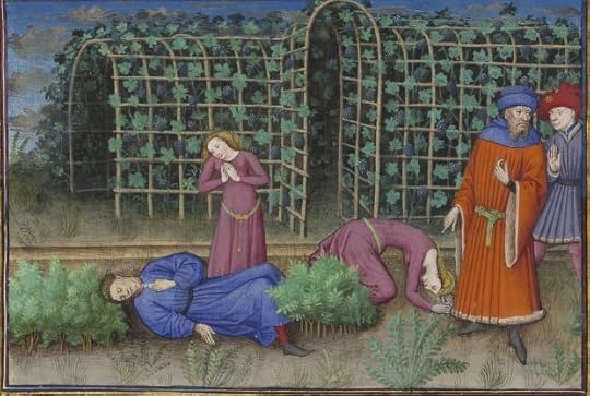 « Le livre appellé Decameron, autrement le prince Galeot surnommé, qui contient cent nouvelles racomptées en dix jours par sept femmes et trois jouvenceaulx, lequel livre ja pieça compila et escripvi Jehan Boccace de Celtald en langaige florentin, et qui nagueres a esté translaté premierement en latin et secondement en françois, a Paris, a l'ostel de noble, sage et honneste homme Bureau de Dampmartin, citoien de Paris, escuier conseillier de trés puissant et trés noble prince Charles, VI e de son nom, roy de France, par moy Laurent de Premierfait, famillier dudit Bureau, lesqueles deux translations, par trois ans faites, furent accomplies le quinziesme jour de juing l'an mil quatre cens et XIIII »