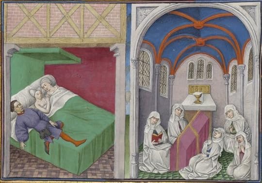 « Le livre appellé Decameron, autrement le prince Galeot surnommé, qui contient cent nouvelles racomptées en dix jours par sept femmes et trois jouvenceaulx, lequel livre ja pieça compila et escripvi Jehan Boccace de Celtald en langaige florentin, et qui nagueres a esté translaté premierement en latin et secondement en françois, a Paris, a l'ostel de noble, sage et honneste homme Bureau de Dampmartin, citoien de Paris, escuier conseillier de trés puissant et trés noble prince Charles, VI e de son nom, roy de France, par moy Laurent de Premierfait, famillier dudit Bureau, lesqueles deux translations, par trois ans faites, furent accomplies le quinziesme jour de juing l'an mil quatre cens et XIIII »