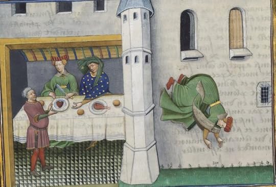 « Le livre appellé Decameron, autrement le prince Galeot surnommé, qui contient cent nouvelles racomptées en dix jours par sept femmes et trois jouvenceaulx, lequel livre ja pieça compila et escripvi Jehan Boccace de Celtald en langaige florentin, et qui nagueres a esté translaté premierement en latin et secondement en françois, a Paris, a l'ostel de noble, sage et honneste homme Bureau de Dampmartin, citoien de Paris, escuier conseillier de trés puissant et trés noble prince Charles, VI e de son nom, roy de France, par moy Laurent de Premierfait, famillier dudit Bureau, lesqueles deux translations, par trois ans faites, furent accomplies le quinziesme jour de juing l'an mil quatre cens et XIIII »