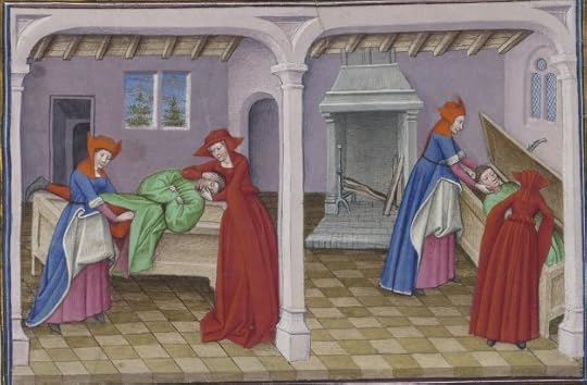 « Le livre appellé Decameron, autrement le prince Galeot surnommé, qui contient cent nouvelles racomptées en dix jours par sept femmes et trois jouvenceaulx, lequel livre ja pieça compila et escripvi Jehan Boccace de Celtald en langaige florentin, et qui nagueres a esté translaté premierement en latin et secondement en françois, a Paris, a l'ostel de noble, sage et honneste homme Bureau de Dampmartin, citoien de Paris, escuier conseillier de trés puissant et trés noble prince Charles, VI e de son nom, roy de France, par moy Laurent de Premierfait, famillier dudit Bureau, lesqueles deux translations, par trois ans faites, furent accomplies le quinziesme jour de juing l'an mil quatre cens et XIIII »