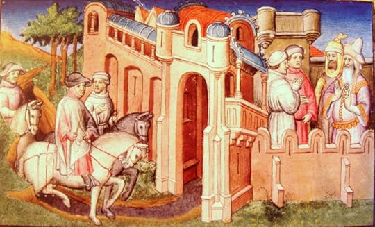 Niccolò and Maffeo in Bukhara, where they stayed for three years. They were invited by an envoy of Hulagu (right) to travel east to visit Kublai Khan. (Source: Wikipedia)