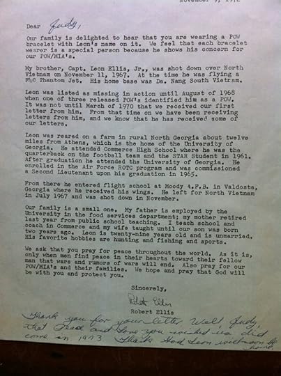 Lee's family would personally write and mail letters to individuals who were wearing his POW bracelet. This is a copy of the letter that Judy received.